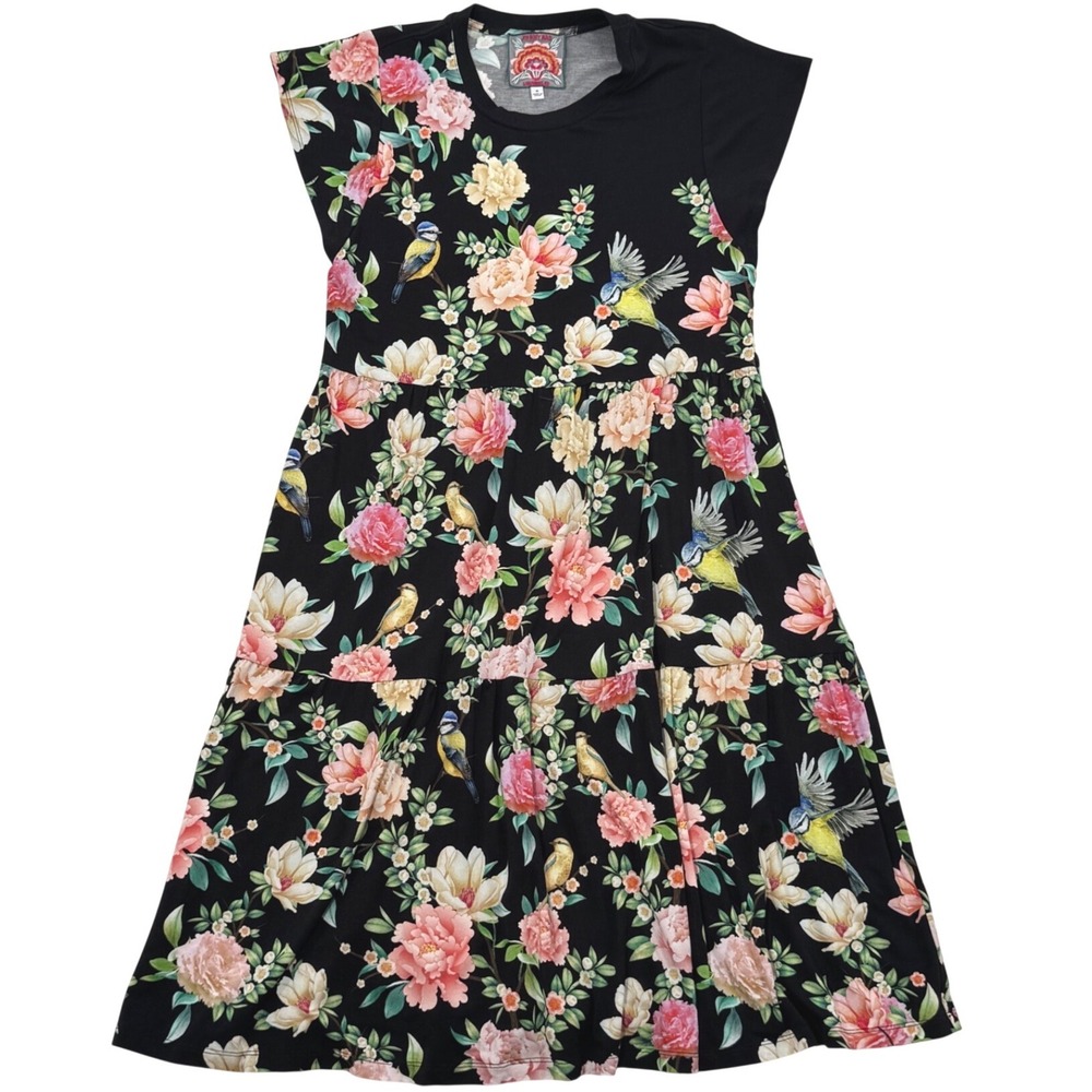 Johnny Was Floral Whimsigoth Knee Length Dress MED Blk Sleeveless Garden Party